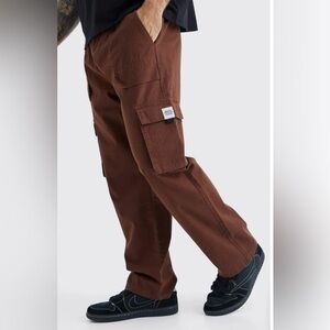 boohooman Mens Elastic Waist Cargo Belted Pants Dark Brown Medium Cotton